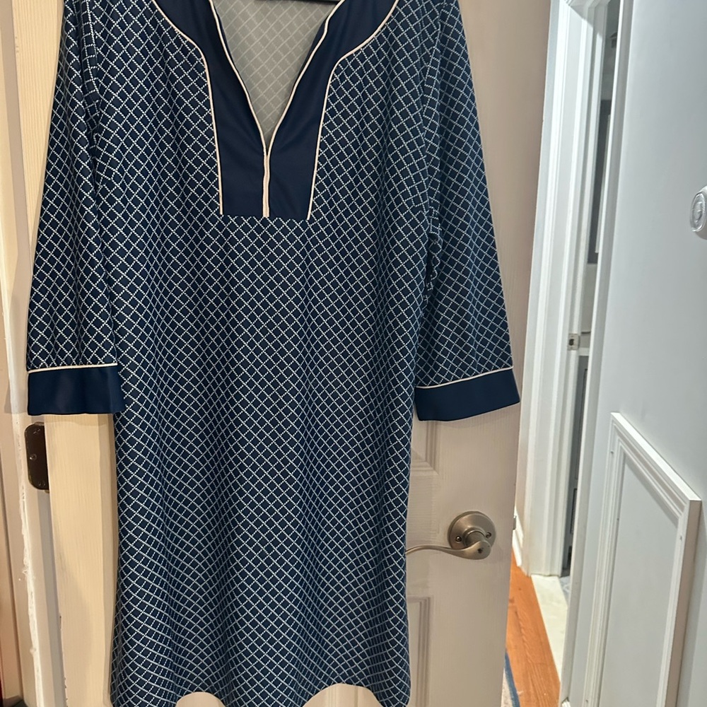 Cabana Life Blue and White Sheath Dress with Cuffed 3/4 Sleeves